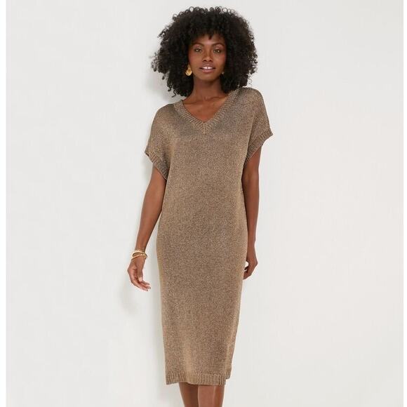 Tuckernuck Indie Metallic Bronze Knit Short Sleeve V-Neck Midi Dress Size M NWT - Picture 1 of 9